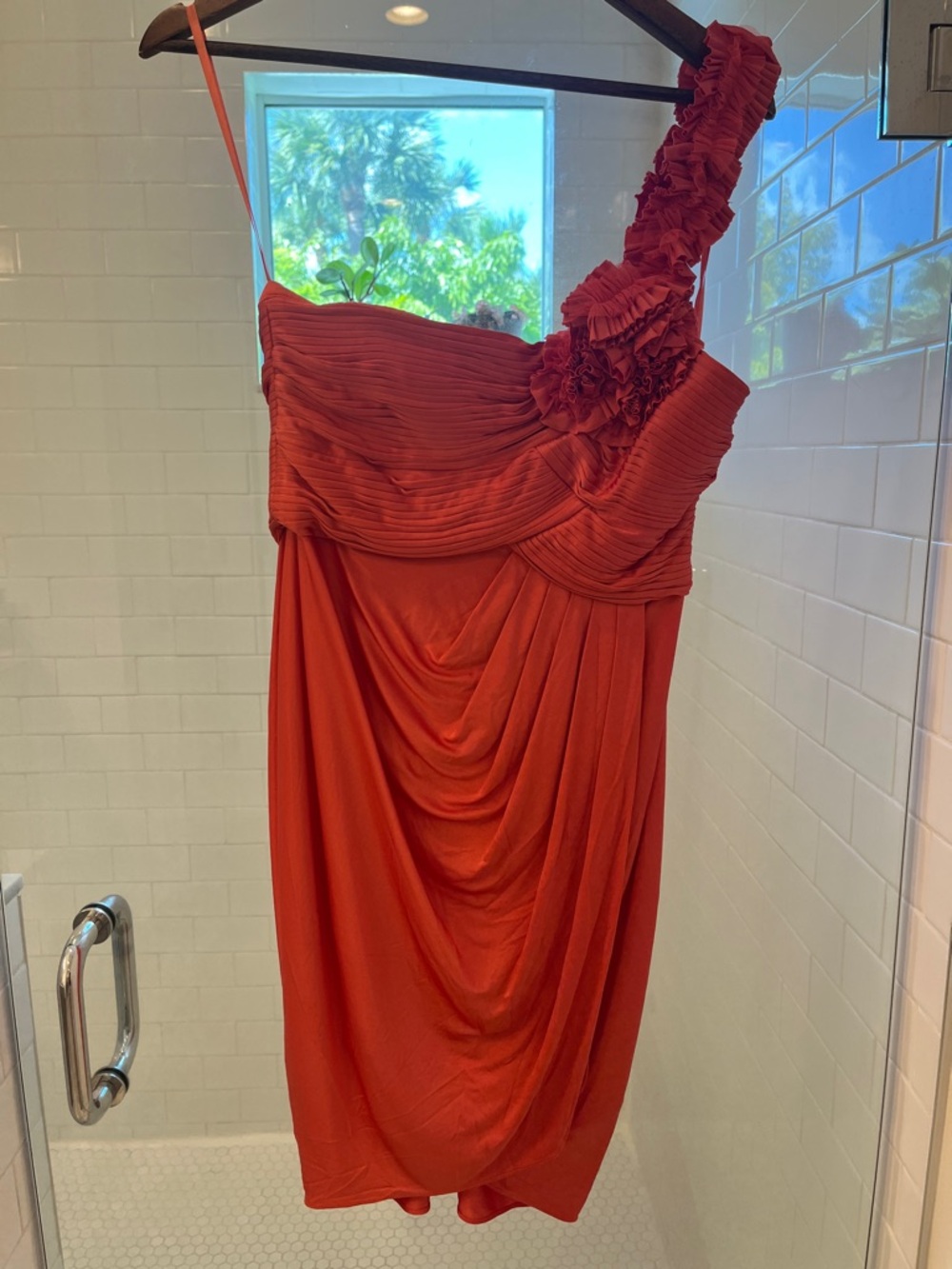 BCBG Deep orange One-Shoulder Ruffled Draped Women’s Dress